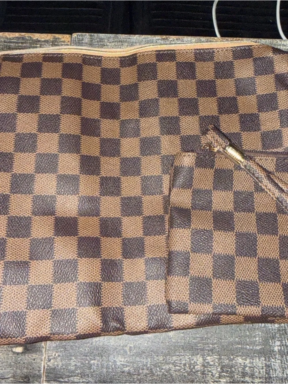 Inspired Brown Checkered Tote with Pouch